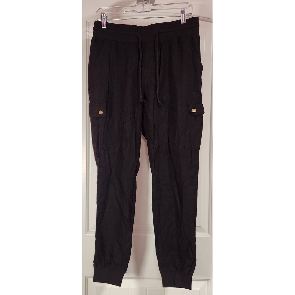 REVAMPED Womens Large Linen Blend Pull On Cargo Jogger Pants Black NWT